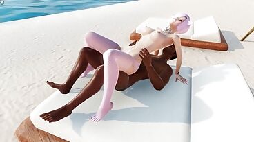 拉丁男子在沙滩上与穿着丝袜的金发女郎做爱的 3D 色情片